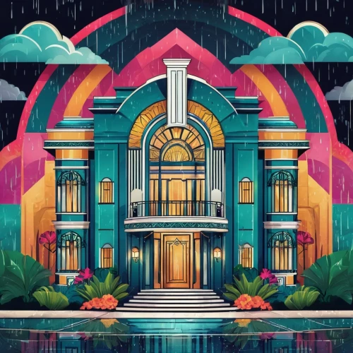 art deco background,temple fade,tropical house,temples,raindops,fantasy city,art deco,80's design,mansion,rainwater,playhouse,palace,dollar rain,colorful facade,colorful city,detail shot,digital illustration,rainy,jukebox,apartment house,Illustration,Vector,Vector 16