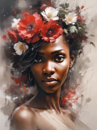 girl in a wreath,girl in flowers,flower painting,oil painting on canvas,flower art,african art,boho art,oil painting,african woman,art painting,flower girl,wreath of flowers,mystical portrait of a girl,beautiful girl with flowers,polynesian girl,flower crown,flora,girl portrait,floral wreath,world digital painting