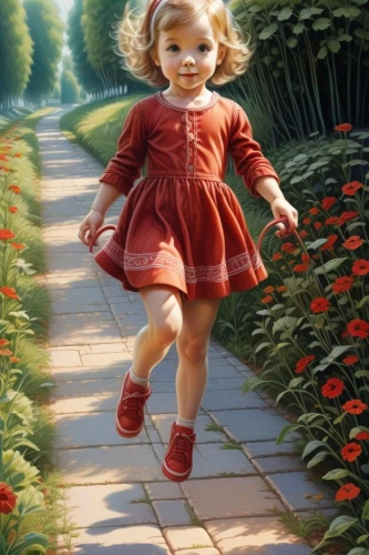 little girl running,girl picking flowers,little girls walking,girl in flowers,shirley temple,girl in the garden,little girl in pink dress,little girl in wind,red shoes,walk with the children,oil painting on canvas,girl walking away,red dahlia,children's background,child in park,woman walking,oil painting,way of the roses,the little girl,child portrait