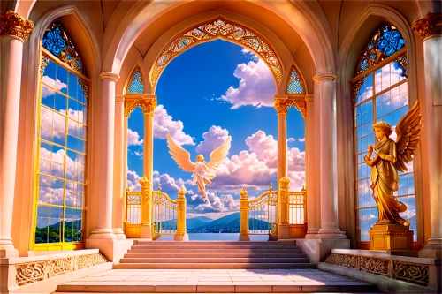 cartoon video game background,hall of the fallen,church painting,fantasy landscape,3d fantasy,fantasy picture,portal,world digital painting,3d background,landscape background,window to the world,art background,castle windows,immenhausen,pillars,sanctuary,curtain,arches,heavenly ladder,windows,Illustration,Japanese style,Japanese Style 04