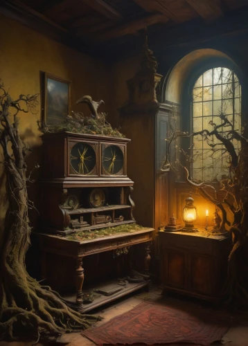 apothecary,music chest,witch's house,witch house,antiquariat,armoire,victorian kitchen,dandelion hall,ancient house,dark cabinetry,clockmaker,treasure chest,writing desk,ornate room,abandoned room,sideboard,sewing room,treasure house,cabinetry,dresser,Art,Classical Oil Painting,Classical Oil Painting 44