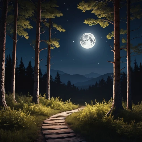cartoon video game background,moonlit night,world digital painting,landscape background,digital painting,moon and star background,forest background,the mystical path,forest path,hiking path,moonlit,the path,night scene,path,pathway,moonlight,wooden path,forest landscape,owl background,black forest,Photography,General,Realistic