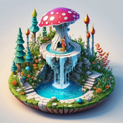 mushroom landscape,mushroom island,wishing well,floating island,fairy chimney,fairy world,3d fantasy,fairy house,fairy village,terrarium,forest mushroom,floating islands,toadstool,fairy stand,fantasy city,fantasy world,artificial island,fairy forest,mushroom type,artificial islands,Unique,3D,Isometric