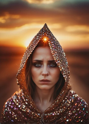 mystical portrait of a girl,warrior woman,afar tribe,shamanism,shamanic,priestess,praying woman,fantasy portrait,the hat of the woman,fortune teller,sorceress,burning man,rem in arabian nights,girl on the dune,islamic girl,cloak,divine healing energy,argan,muslim woman,photo manipulation,Photography,Artistic Photography,Artistic Photography 14