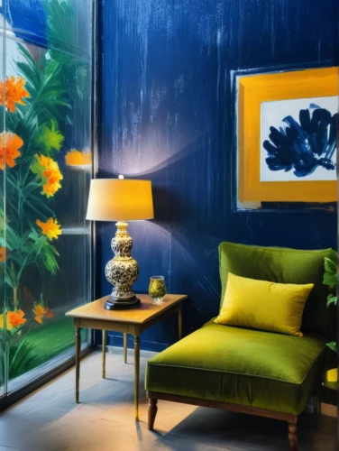 majorelle blue,blue room,flower wall en,blue lamp,yellow wallpaper,flower painting,aquarium decor,interior decoration,mazarine blue,blue painting,blue chrysanthemum,interior decor,decorative art,contemporary decor,search interior solutions,sitting room,shashed glass,agapanthus,decorates,interior design,Photography,General,Natural