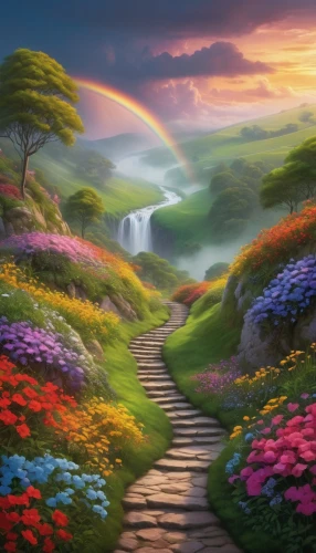 fantasy landscape,rainbow bridge,background colorful,splendor of flowers,colorful background,landscape background,harmony of color,beautiful landscape,fantasy picture,the valley of flowers,rainbow background,full hd wallpaper,flower field,fairy world,nature landscape,the mystical path,sea of flowers,splendid colors,springtime background,blanket of flowers,Conceptual Art,Daily,Daily 22