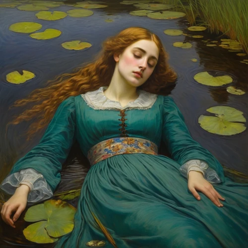girl lying on the grass,rusalka,idyll,girl on the river,the blonde in the river,the sleeping rose,water nymph,girl in the garden,the magdalene,la violetta,woman laying down,lacerta,relaxed young girl,sleeping rose,portrait of a girl,girl with a dolphin,water-the sword lily,lilly pond,sleeping beauty,floating on the river,Art,Classical Oil Painting,Classical Oil Painting 18