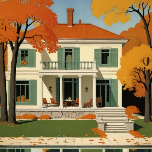 house painting,fall landscape,houses clipart,vintage illustration,autumn idyll,villa,henry g marquand house,country house,home landscape,autumn decor,autumn decoration,house drawing,autumn landscape,woman house,ruhl house,travel poster,1955 montclair,linden,mid century house,seasonal autumn decoration,Illustration,Retro,Retro 15