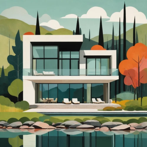 house with lake,mid century house,house by the water,mid century modern,modern house,houses clipart,home landscape,houseboat,mid century,mirror house,house in the forest,house in mountains,boathouse,modern architecture,house in the mountains,cubic house,lake view,inverted cottage,luxury property,summer cottage,Illustration,Vector,Vector 08