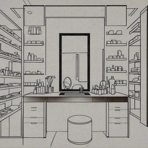 apothecary,pharmacy,soap shop,pantry,chemist,pharmacist,shelves,laboratory,empty shelf,kitchen shop,shopkeeper,in the pharmaceutical,cosmetics counter,the shelf,shelf,convenience store,inventory,the shop,backgrounds,creating perfume,Design Sketch,Design Sketch,Blueprint