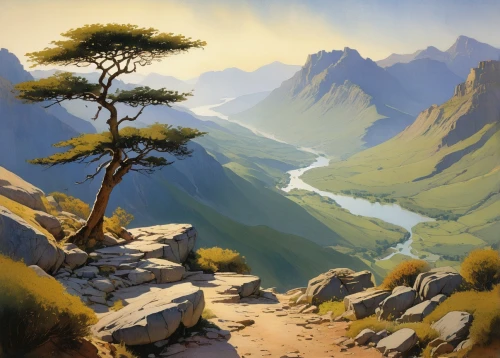mountain landscape,mountainous landscape,mountain scene,larch tree,larch trees,larch forests,high landscape,landscape background,yellow mountains,the landscape of the mountains,mountain pasture,mountain valleys,natural landscape,landscape,lone tree,nature landscape,autumn mountains,panoramic landscape,valley,larch,Illustration,Paper based,Paper Based 23