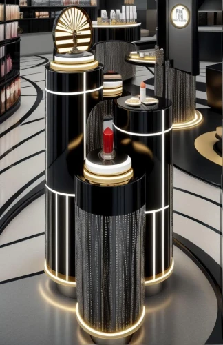 art deco,cosmetics counter,cartier,jewelry（architecture）,perfumes,orrery,gold bar shop,oil cosmetic,ufo interior,jewelry store,beauty room,jukebox,solar cell base,bond stores,lacquer,coin drop machine,pills dispenser,futuristic art museum,futuristic architecture,luxury hotel