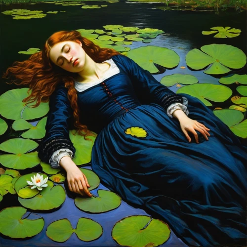girl lying on the grass,lily pads,lily pad,water lilies,idyll,marsh marigolds,waterlily,lilly pond,girl in the garden,nuphar,the sleeping rose,water lilly,marsh marigold,lily pond,nelumbo,rusalka,nymphaea,oil painting on canvas,lilly of the valley,water lily,Art,Classical Oil Painting,Classical Oil Painting 08