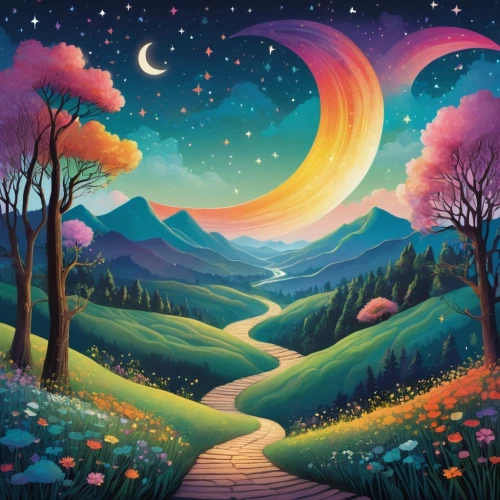 the mystical path,pathway,purple landscape,winding road,valley of the moon,fantasy landscape,dreamland,landscape background,the path,carol colman,forest of dreams,the luv path,moon valley,hiking path,spring equinox,mushroom landscape,forest landscape,the way of nature,lunar landscape,nature landscape,Illustration,Vector,Vector 08