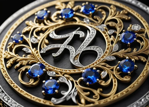 ornate pocket watch,filigree,ring with ornament,belt buckle,ring jewelry,enamelled,mechanical watch,royal crown,watchmaker,dark blue and gold,sapphire,cartier,circular ring,colorful ring,men's watch,golden ring,brooch,ring,royal blue,bracelet jewelry,Illustration,Realistic Fantasy,Realistic Fantasy 22
