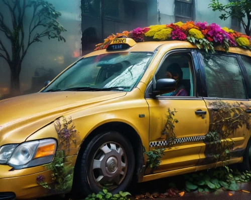 flower car,new york taxi,taxi cab,yellow taxi,planted car,cab driver,taxicabs,taxi,flower cart,yellow cab,hen limo,flower delivery,car cemetery,taxi sign,cabs,fruit car,limousine,wedding car,bach flower therapy,halloween car,Photography,Artistic Photography,Artistic Photography 08