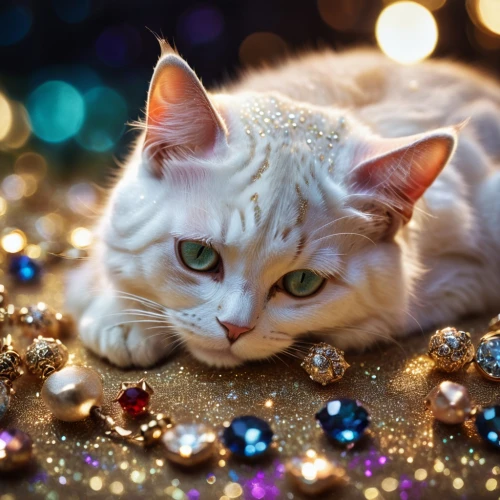 christmas cat,blue eyes cat,american curl,turkish angora,glittering,sparkle,baubles,golden eyes,cat with blue eyes,cute cat,white cat,holiday ornament,turkish van,christmas background,christmas animals,christmas jewelry,garland of lights,glitter eyes,christmas photo,cat vector,Photography,General,Cinematic