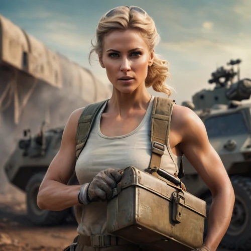 girl with gun,combat medic,strong woman,marine,strong women,girl with a gun,woman holding gun,tank,lost in war,mad max,female doctor,hard woman,american tank,female hollywood actress,tanker,strong military,tanks,army tank,arms,digital compositing,Photography,General,Cinematic