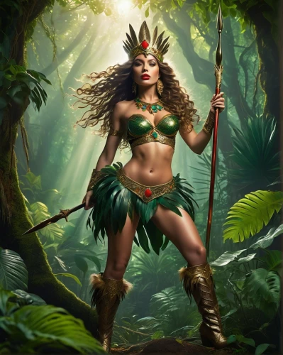 dryad,the enchantress,polynesian girl,anahata,female warrior,druid,warrior woman,faun,fantasy woman,celtic queen,garden of eden,background ivy,fantasy art,polynesian,fantasy picture,hula,faerie,forest background,mother nature,forest animal,Illustration,Retro,Retro 24