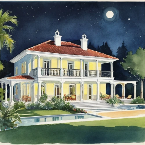 holiday villa,house painting,florida home,villa,mansion,holiday home,beach house,hacienda,night scene,henry g marquand house,house with caryatids,luxury property,at night,bendemeer estates,summer house,house drawing,private house,home landscape,old home,guesthouse,Illustration,Retro,Retro 20