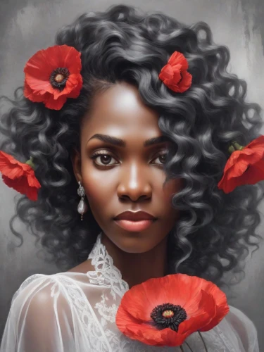 remembrance day,nigeria woman,african american woman,portrait background,maria bayo,world digital painting,oil painting on canvas,widow flower,beautiful african american women,fantasy portrait,digital painting,african woman,red anemones,red poppy,girl in a wreath,romantic portrait,afro-american,custom portrait,flower girl,afroamerican