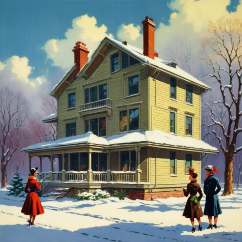 snow scene,woman house,doll's house,winter house,christmas scene,house painting,house purchase,henry g marquand house,house sales,carolers,flock house,christmas story,carol singers,1955 montclair,sugar house,holiday home,holiday motel,houses clipart,family home,snow house,Illustration,Retro,Retro 10