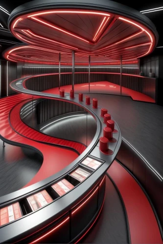 race track,theater stage,ufo interior,underground garage,light track,empty theater,movie theater,cinema strip,skee ball,indoor games and sports,theatre stage,nightclub,stage design,theater,futuristic art museum,raceway,game room,digital cinema,ball track,winners stairs