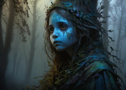 dryad,blue enchantress,faery,mystical portrait of a girl,girl with tree,faerie,the enchantress,splintered,fantasy portrait,fantasy art,fae,bluebell,elven,elven forest,haunted forest,rusalka,dark art,forest dark,fantasy picture,gothic portrait,Conceptual Art,Fantasy,Fantasy 16