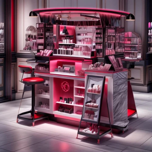 cosmetics counter,women's cosmetics,cosmetics,cosmetic products,beauty room,candy shop,vitrine,kitchen shop,candy store,agent provocateur,doll house,boutique,shop,kiosk,product display,perfumes,cart with products,beauty products,vending cart,beauty salon