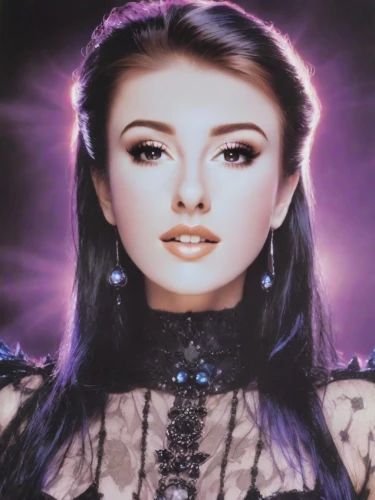 celtic queen,callisto,celtic woman,miss circassian,queen of the night,gothic portrait,dark angel,sorceress,gothic woman,the enchantress,psychic vampire,doll's facial features,halloween poster,fantasy woman,fantasy picture,purple background,violet head elf,purple,ice princess,fantasy portrait
