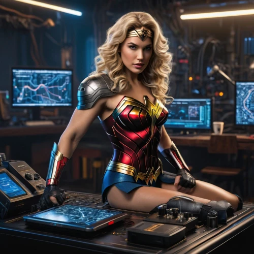 wonder woman city,wonderwoman,wonder woman,switchboard operator,goddess of justice,girl at the computer,super woman,disk jockey,disc jockey,super heroine,barmaid,digital compositing,wonder,figure of justice,women in technology,fantasy woman,dj,barista,captain marvel,woman power,Photography,General,Sci-Fi