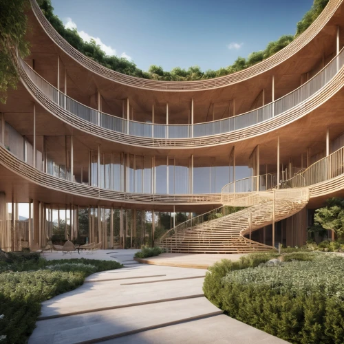 eco-construction,3d rendering,archidaily,dunes house,eco hotel,futuristic architecture,sky space concept,timber house,kirrarchitecture,building honeycomb,daylighting,modern architecture,school design,arq,terraces,wooden construction,jewelry（architecture）,circular staircase,roof garden,render,Photography,General,Realistic