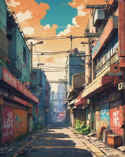 alleyway,alley,suburb,tokyo city,tokyo,japan landscape,rust-orange,kyoto,street canyon,neighborhood,shinjuku,colorful city,honolulu,the street,chinatown,wasteland,post-apocalyptic landscape,world digital painting,street,lostplace,Illustration,Japanese style,Japanese Style 03