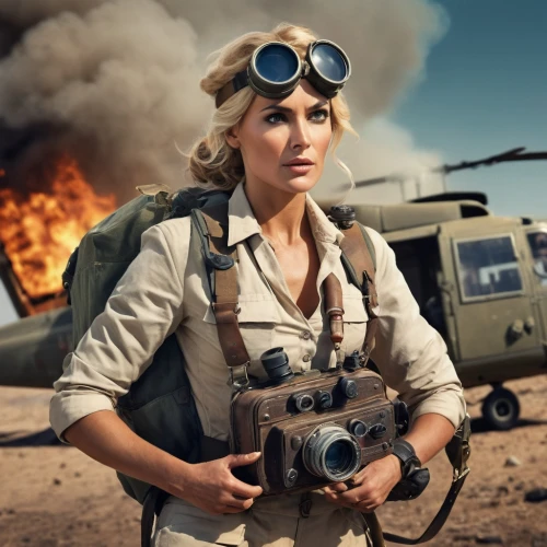 war correspondent,drone operator,woman fire fighter,helicopter pilot,drone pilot,lost in war,combat medic,six day war,the blonde photographer,the sandpiper combative,fighter pilot,lady medic,digital compositing,retro women,flight engineer,military person,capture desert,paratrooper,the sandpiper general,female nurse,Photography,General,Cinematic