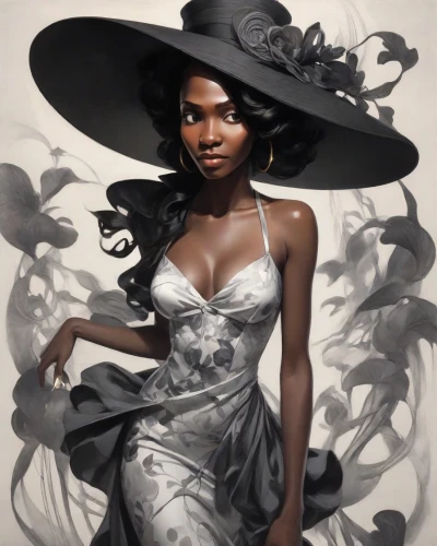 fashion illustration,tiana,black woman,the hat of the woman,fantasy portrait,witch hat,maria bayo,black landscape,black skin,witch's hat,sorceress,flora,witch,the enchantress,queen of the night,fantasy woman,rosa ' amber cover,african american woman,digital painting,fantasy art