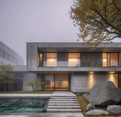 modern house,modern architecture,cube house,mid century house,exposed concrete,cubic house,dunes house,japanese architecture,residential house,archidaily,concrete construction,stone house,ruhl house,asian architecture,foggy day,autumn fog,kirrarchitecture,private house,concrete blocks,concrete,Photography,General,Realistic