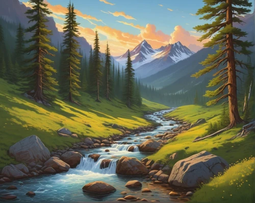 landscape background,mountain scene,salt meadow landscape,mountain landscape,mountain stream,mountainous landscape,mountain meadow,mountain spring,mountain river,nature landscape,river landscape,mountain sunrise,mountains,mountain valley,forest background,forest landscape,mountain pasture,mountain range,flowing creek,natural landscape,Illustration,Vector,Vector 12