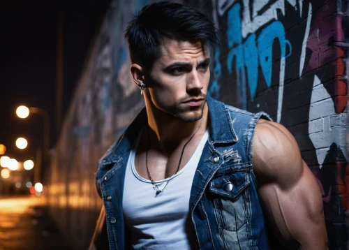 vest,male model,sleeveless shirt,muscle icon,portrait photography,jeans background,ryan navion,bodybuilding supplement,denim background,man portraits,arms,muscle angle,latino,men clothes,jacob,visual effect lighting,rockabilly style,biceps,photo session at night,muscular,Conceptual Art,Oil color,Oil Color 02