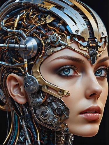 biomechanical,cybernetics,steampunk,cyborg,artificial intelligence,humanoid,sci fiction illustration,ai,artificial hair integrations,chatbot,head woman,mechanical,robotic,scifi,sci fi,neural network,fantasy art,fractal design,circuit board,industrial robot,Photography,General,Realistic