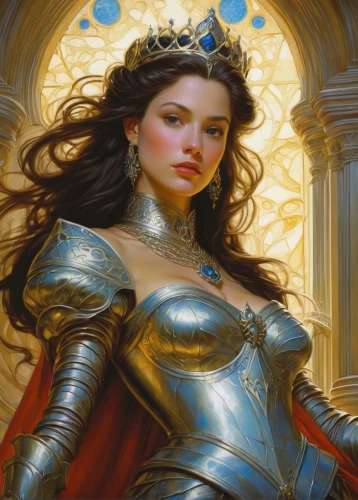 joan of arc,heroic fantasy,fantasy portrait,celtic queen,paladin,golden crown,fantasy woman,fantasy art,artemisia,cybele,rosa ' amber cover,fantasy picture,gold crown,mary-gold,priestess,caerula,almudena,accolade,collectible card game,jaya,Illustration,Realistic Fantasy,Realistic Fantasy 03