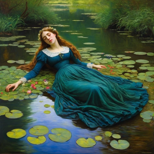 water nymph,rusalka,girl on the river,the blonde in the river,emile vernon,idyll,girl in the garden,lilly pond,water lilies,girl lying on the grass,lily pad,lily pads,water forget me not,lilly of the valley,waterlily,woman at the well,water-the sword lily,lily pond,mirror in the meadow,girl with a dolphin,Art,Classical Oil Painting,Classical Oil Painting 15
