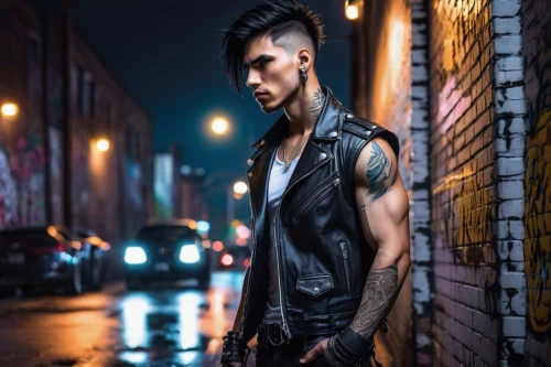 pompadour,mohawk hairstyle,rockabilly style,mohawk,punk,male model,punk design,vest,cyberpunk,rockabilly,leather,black leather,biker,sleeveless shirt,male character,streampunk,alleyway,daemon,yukio,ten,Photography,Fashion Photography,Fashion Photography 11