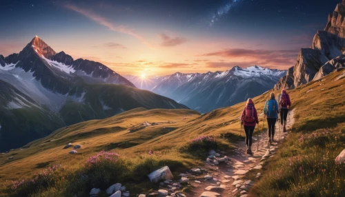 alpine crossing,high alps,bernese alps,mountain hiking,mountain sunrise,landscape mountains alps,hikers,alpine route,the alps,alpine sunset,swiss alps,high-altitude mountain tour,hiking equipment,alps,travelers,hiking path,trekking,the spirit of the mountains,southeast switzerland,mountain world,Photography,General,Realistic