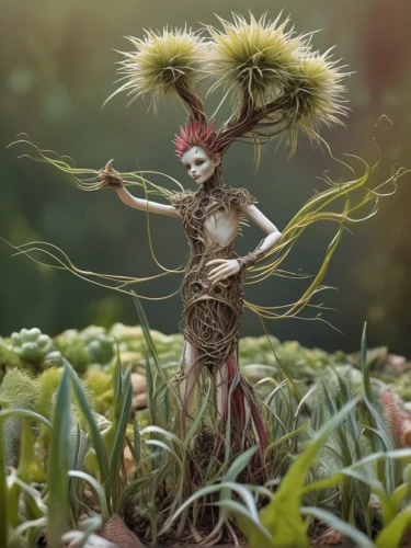 dryad,faery,fairy peacock,faerie,woman of straw,scrap sculpture,garden fairy,seed-head,headdress,seed head,girl in a wreath,willow flower,sweet grass plant,crocodile woman,woman sculpture,straw doll,plant and roots,voodoo woman,hula,perennial sowthistle,Illustration,Realistic Fantasy,Realistic Fantasy 02