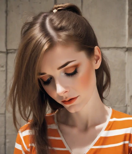 orange color,orange,tying hair,updo,orange half,caramel color,fawn,bright orange,pony tail,vintage makeup,beautiful young woman,peach color,ponytail,natural color,striped background,chignon,pony tails,young woman,makeup,asymmetric cut,Photography,Natural