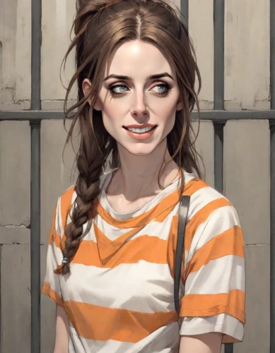clementine,girl portrait,prisoner,girl in t-shirt,portrait of a girl,a girl's smile,girl with speech bubble,young woman,portrait background,digital painting,cinnamon girl,vanessa (butterfly),detention,the girl's face,lori,nora,clove,clary,striped background,the girl at the station,Digital Art,Comic