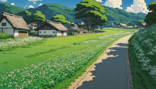 yamada's rice fields,studio ghibli,blooming grass,blooming field,ginkaku-ji,flower field,tsumugi kotobuki k-on,field of flowers,flower carpet,japan landscape,grass blossom,芦ﾉ湖,the valley of flowers,bicycle path,spring in japan,the rice field,sea of flowers,flowers field,hokkaido,idyllic,Illustration,Japanese style,Japanese Style 10