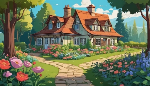 summer cottage,country cottage,cottage,house in the forest,home landscape,little house,beautiful home,country house,witch's house,dandelion hall,studio ghibli,small house,cottage garden,houses clipart,country estate,house painting,lonely house,farm house,flower shop,private house,Illustration,Japanese style,Japanese Style 07