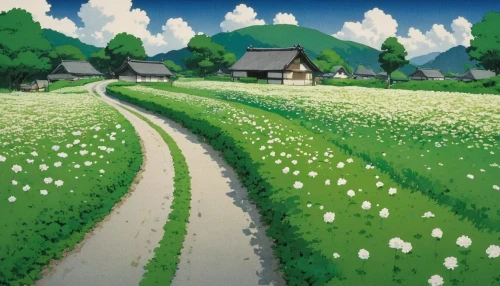 yamada's rice fields,studio ghibli,ricefield,clover meadow,rural landscape,lavender field,blooming field,green fields,flower field,farm landscape,the rice field,rice field,green meadow,tulip field,lavender fields,countryside,blooming grass,green landscape,shirakami-sanchi,hokkaido,Illustration,Japanese style,Japanese Style 10