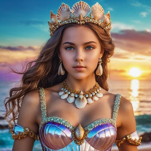 summer crown,moana,princess crown,polynesian girl,the sea maid,celtic queen,fantasy woman,tiara,heart with crown,cleopatra,fantasy portrait,diadem,arabian,gold crown,bridal jewelry,polynesian,fantasy art,crown render,queen crown,mermaid background,Photography,General,Realistic